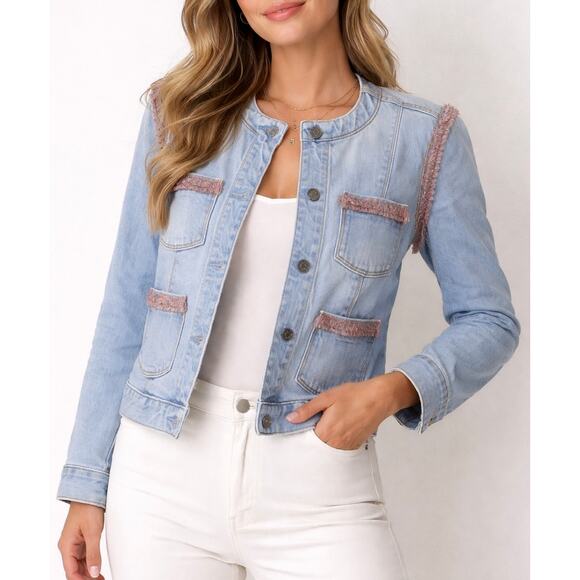 7 For All Mankind Jackets & Blazers - 7 For All Mankind Light Wash Blue Denim Jacket Pink Fringe Detail Women’s Size S